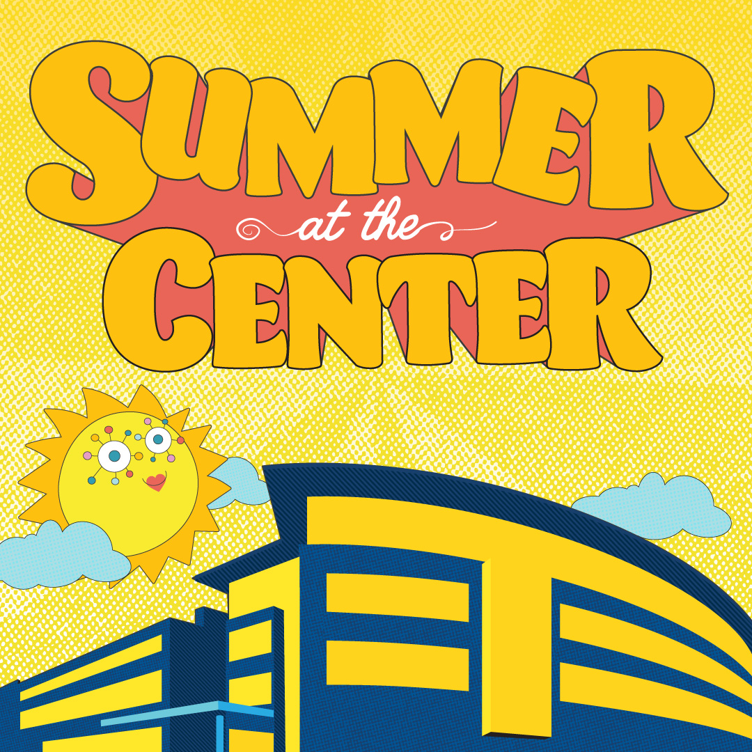 Fun and summery, the yellow and blue Summer at the Center logo floats in the sky in front of a cartoon sun