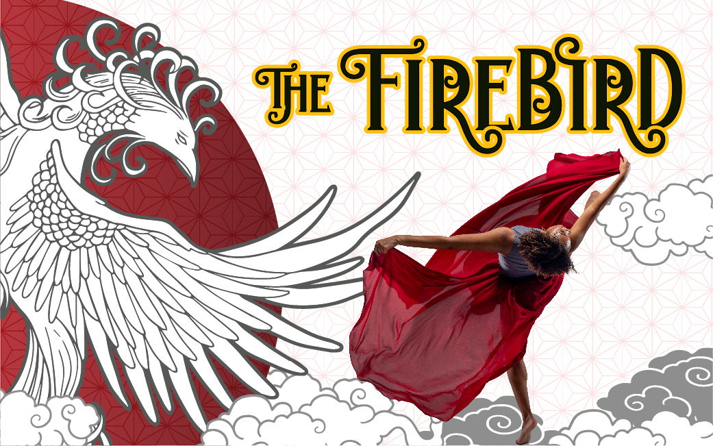 A graceful dancer spins around in front of a drawing of the mythical firebird