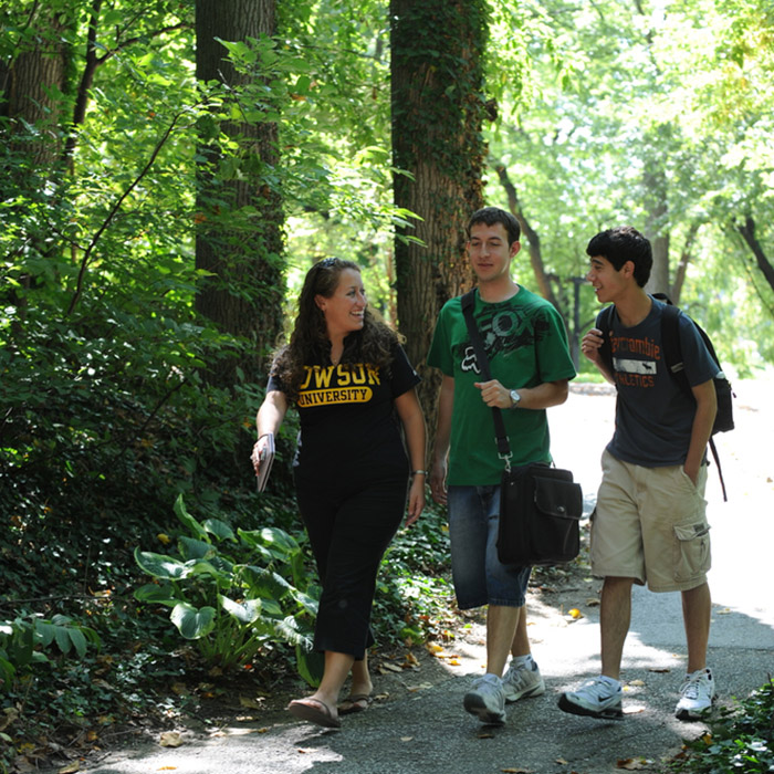 Students walking amongst trees