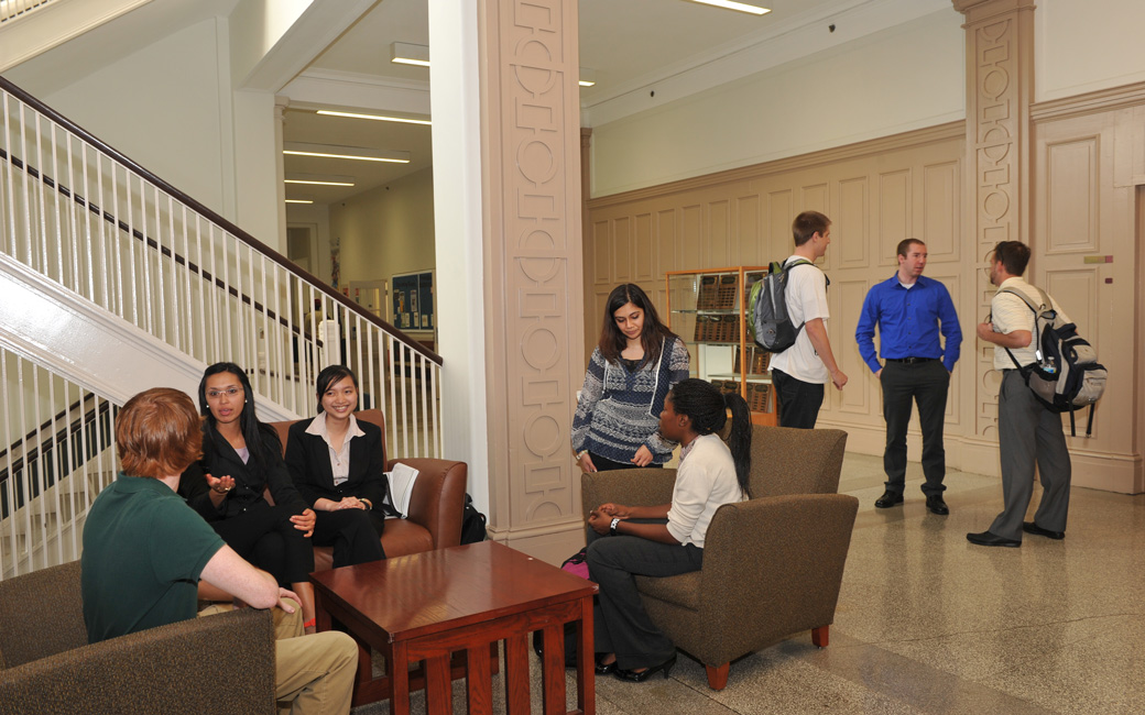 Towson University College of Business and Economics students hang out in Stephens Hall