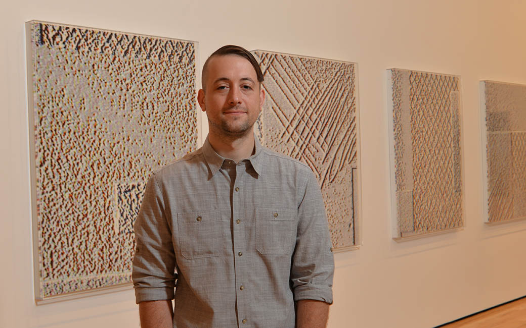 Seth Adelsberger with his work on display at Baltimore Museum of Art th his work