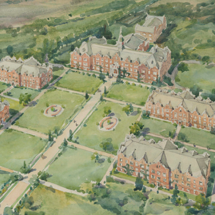 watercolor building plan of TU's campus in 1915