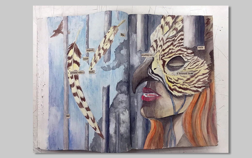 Multimedia art of a woman in a mask and feathers
