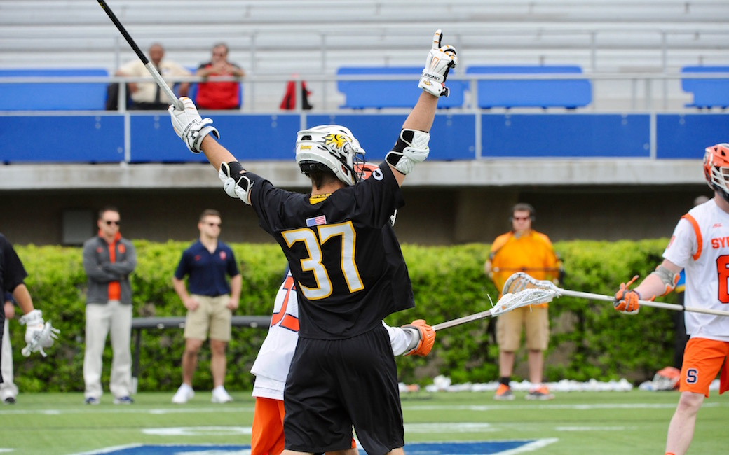 Towson University men's lacrosse player Matt Wylly reacts during TU's win over Syracuse in the NCAA quarterfinals.