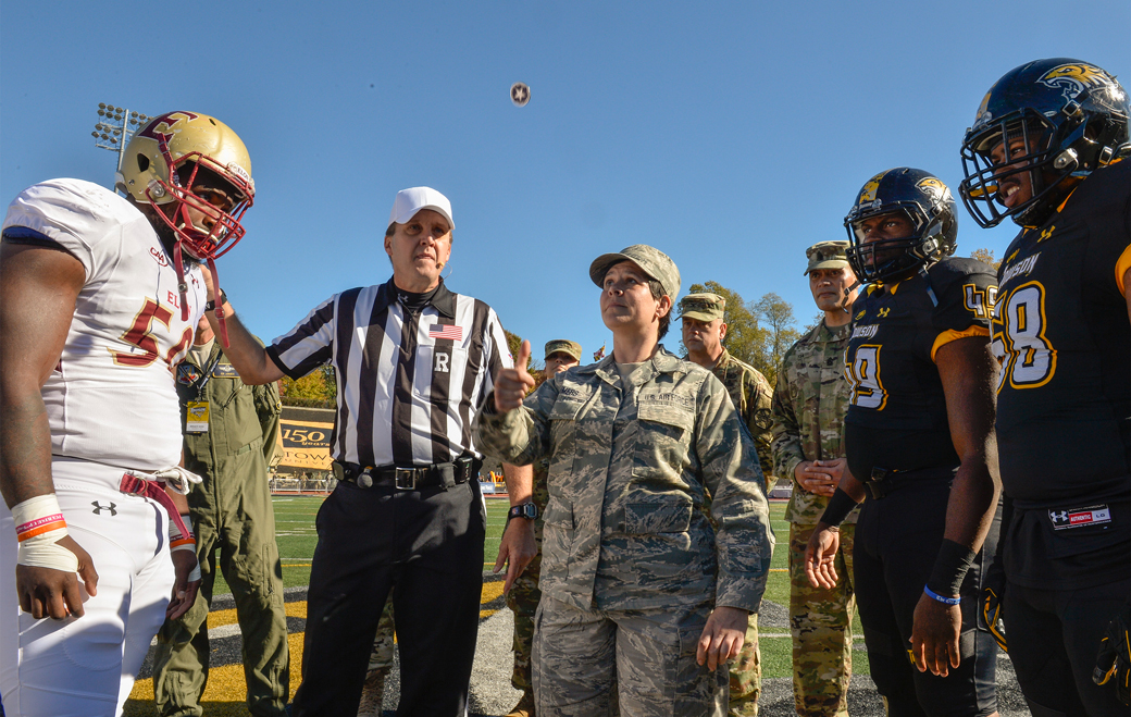 Towson University's Department of Athletics and the Towson Tigers football team were happy to host its annual Military Appreciation Game on Nov. 5. Before the game, TU was honored to have members of the Maryland National Guard participate in the coin toss. 