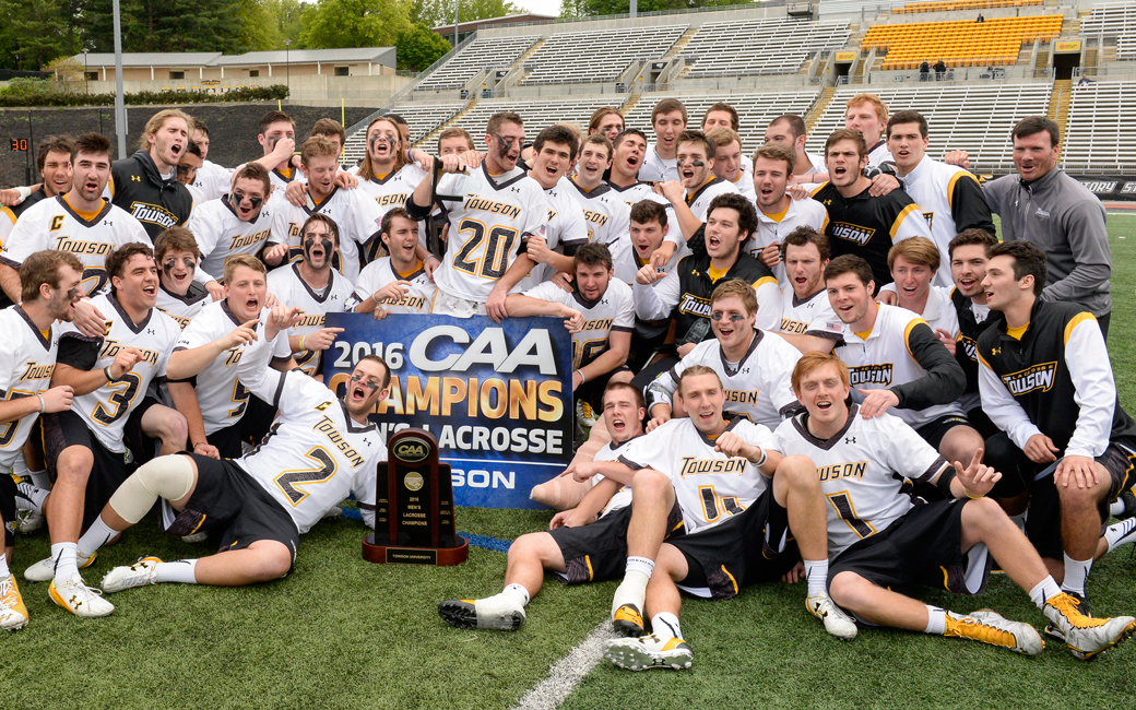 The Towson men's lacrosse team celebrates after winning its second straight Colonial Athletic Association Championship. The Tigers will now host Hobart in a First Four game of the NCAA Tournament. Photo courtesy of Doug Kapustin.