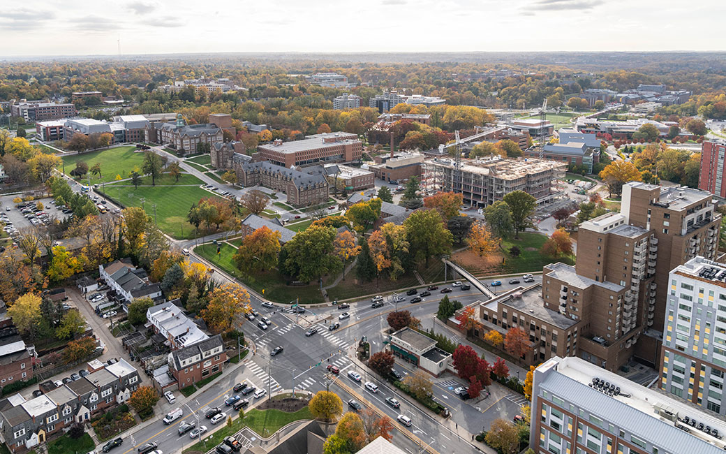 Aerial view of campus where the RISE Zone begins