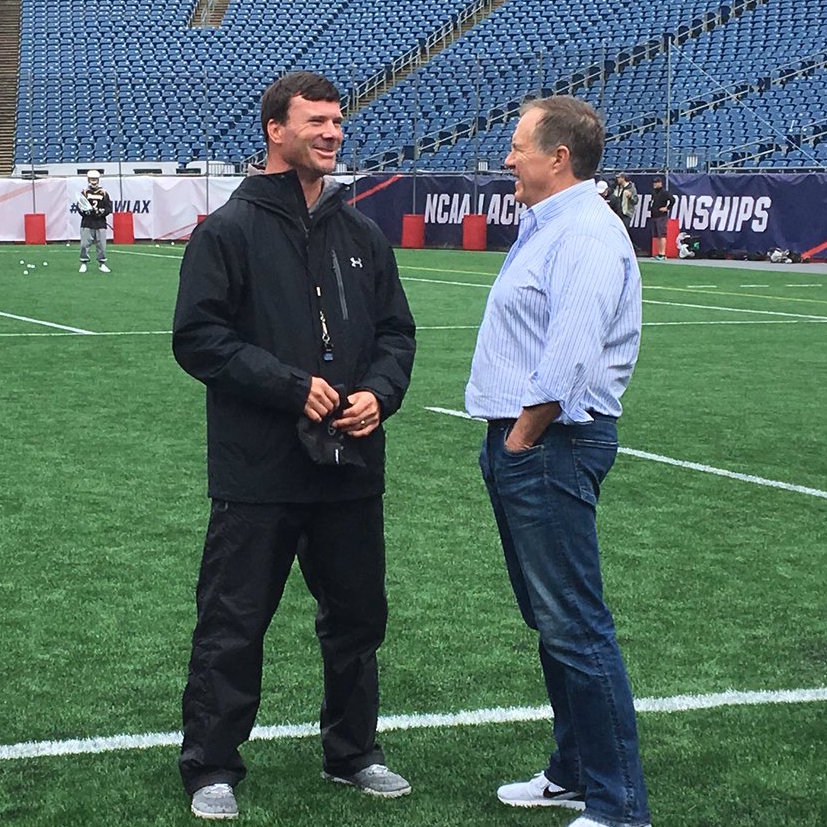 TU men's lacrosse head coach Shawn Nadelen talks with New England Patriots' Head Coach Bill Belichick