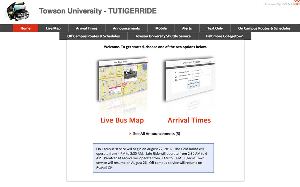 The homepage for TUTIGERRIDE.com, Towson University's new shuttle service site.