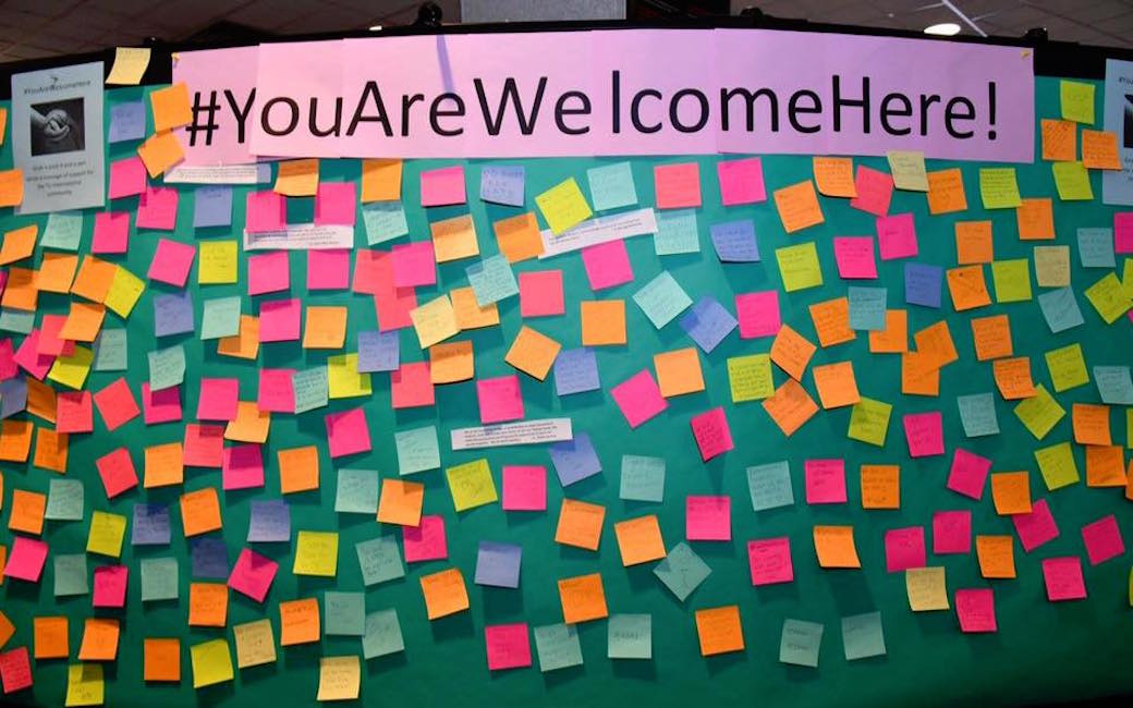 A board that displayed in Susquehanna Terrace during the event that contained post-it notes written by our students, faculty and staff to let all students know that #YouAreWelcomeHere.