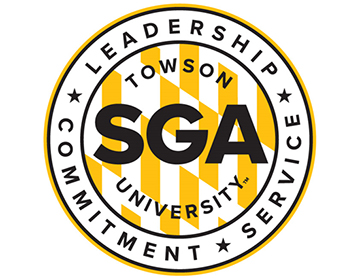 Student Government Association logo, text reads "SGA, Towson University: Leadership, Commitment, Service"