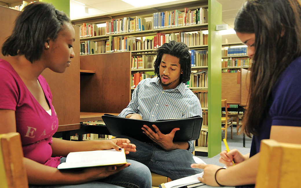 Students working on homework in the library