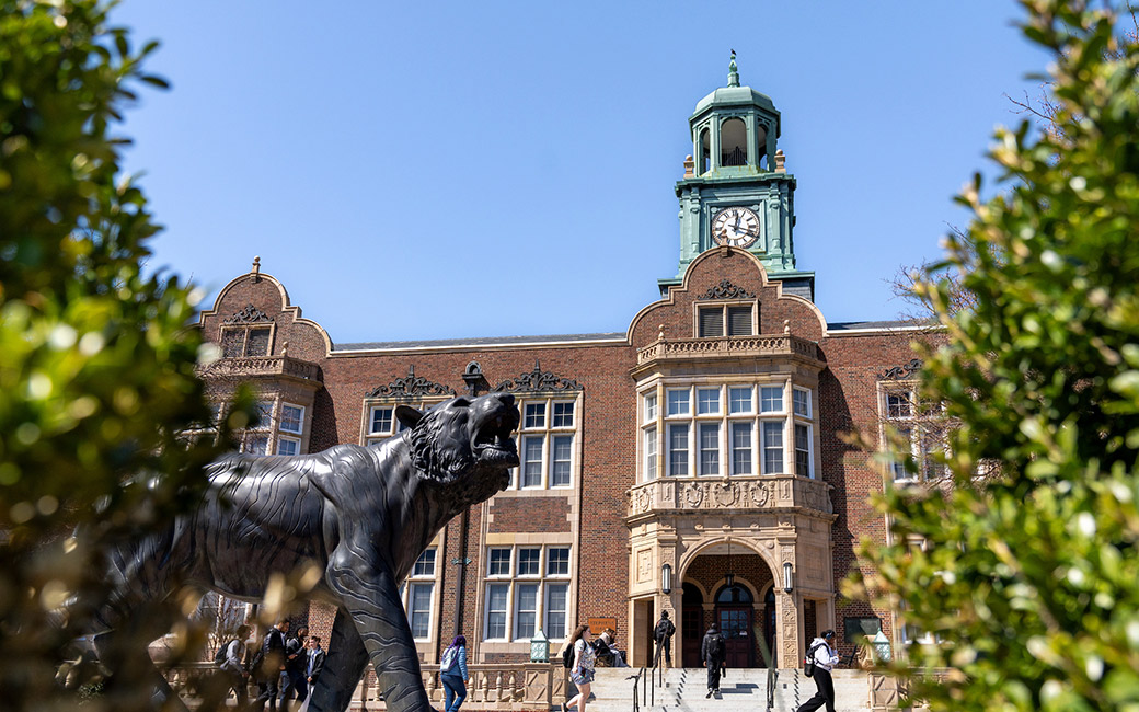 Tiger statue with Stephens Hall in the background
