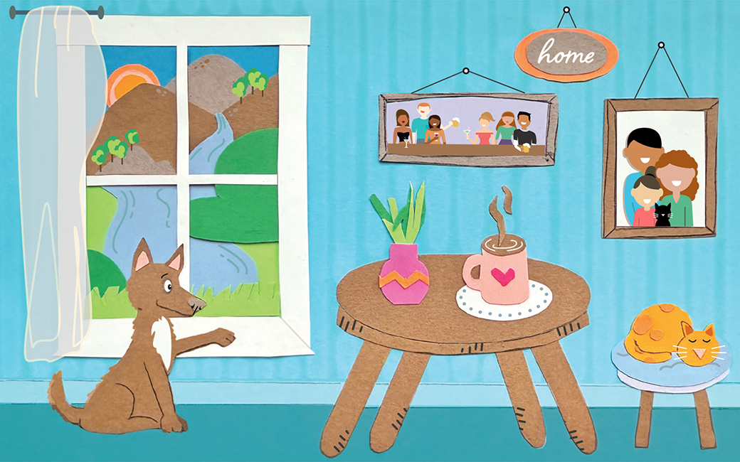 illustration of a dog and a cat in a cozy home