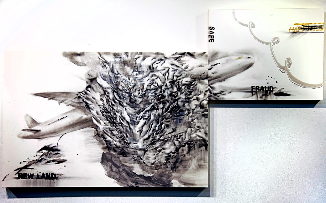 Artwork made with charcoal on gesso panel titled Journey from Korea into the United States by Ara Ko