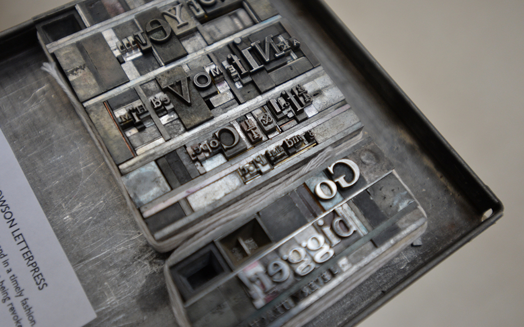 close up image of moveable type in letterpress printing studio