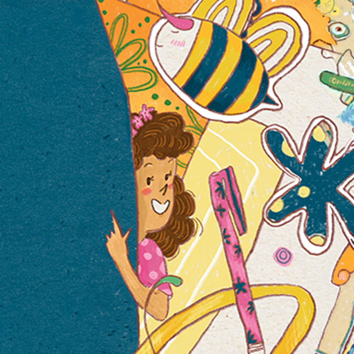 A playful illustration of a young girl alongside stickers, artwork, and pottery