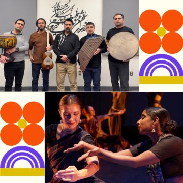 Asia North 2026 Closing Event A split-screen promotional image for the Asia North 2026 Closing Event featuring two performing groups.The top half shows a group portrait of five male musicians from the "Soul of Persia" ensemble standing side-by-side against a light grey wall with Persian calligraphy artwork. Four of the men are holding traditional Persian musical instruments, including a tombak drum, a tar string instrument, a santur dulcimer, and a daf frame drum.The bottom half shows a performance photo of the "Sutradhar Institute of Dance" group on a dark stage. Two female dancers in traditional Indian attire are in the foreground, using expressive hand gestures and facial expressions under warm stage lighting, with other dancers blurred in the background.The remaining corners feature a modern geometric graphic design consisting of four orange circles forming a flower shape around a yellow center, positioned above three concentric purple arches resting on a thick yellow bar.