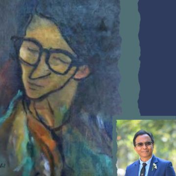 Detail: Self Portrait by Lain Sing Bangdel, inset image of Dr. Bibhakar Sunder Shakya