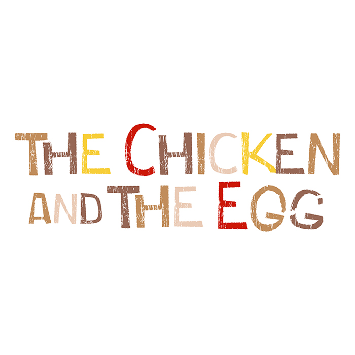 Playful colorful letters spell out the exhibition logo, the Chicken and the Egg