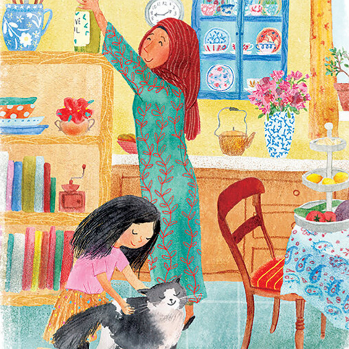 A fun, colorful, youthful illustration of a woman at home