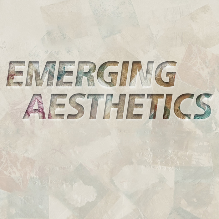 A wordmark logo for the Emerging Aesthetics exhibition in multi-color jewel tones