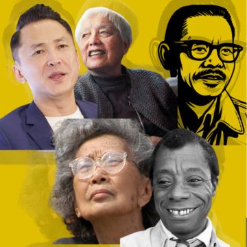 Conversation: Love Has Never Been a Popular Movement An artistic collage of five influential historical figures and activists set against a vibrant yellow background.Top Left: A color portrait of Kenyon Farrow, a prominent Black LGBTQ+ rights activist, writer, and public health strategist. He has styled dark hair and is wearing a navy blue suit jacket over a white shirt.Top Center: A color portrait of Grace Lee Boggs, a celebrated Chinese American author, social activist, and philosopher. She is an elderly woman with short white hair looking upward, wearing a textured grey jacket.Top Right: A stylized black-and-yellow graphic illustration of Larry Itliong, a pioneering Filipino American labor leader. He is depicted wearing thick-rimmed glasses and a mustache.Bottom Left: A color portrait of Yuri Kochiyama, an influential Japanese American human rights activist who advocated for civil rights and Black liberation. She has voluminous, curly grey hair, wears clear-rimmed glasses, and has her head tilted upward.Bottom Right: A black-and-white portrait of James Baldwin, the seminal African American essayist, novelist, and civil rights activist. He is smiling broadly while looking toward the viewer.