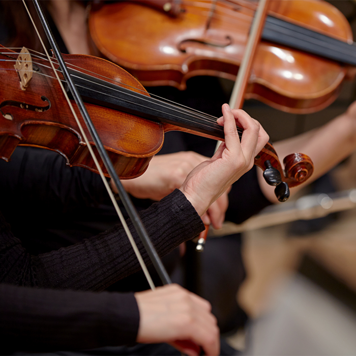 Close up on two violinists performing on stage