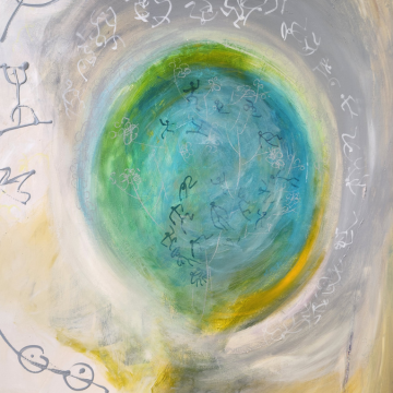 Detail: "Dreams" by Myungsook Ryu Kim Detail of an abstract acrylic painting titled "Dreams" featuring a luminous turquoise and green sphere centered against a swirling backdrop of misty grey, cream, and soft yellow washes. White, calligraphic script arcs over the top of the central sphere, while faint, delicate sketches of stick figures and botanical branches fill its interior.
