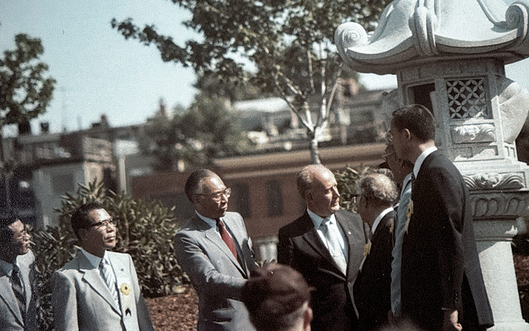 With Mayor Schafer, in 1984, Kawasaki City presented a Japanese stone lantern to Baltimore City to commemorate the fifth anniversary of the Baltimore-Kawasaki Sister City Program.