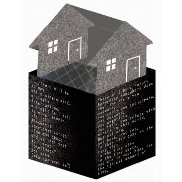 Work sample from "Queer Manifesto" exhibition A 3D digital collage showing a black cube base with a house structure emerging from its open top against a plain white background.The emerging structure consists of two identical, simple house shapes with textured grey walls, each featuring a white-outlined door and a four-pane square window.The two visible sides of the black cube are covered in white, typewriter-style text. The left side contains an introspective prose poem reflecting on aloneness, space, and loneliness. The right side features a narrative prose poem describing a distant future, a network, and a tiny home inside a tiny city on a tiny earth.