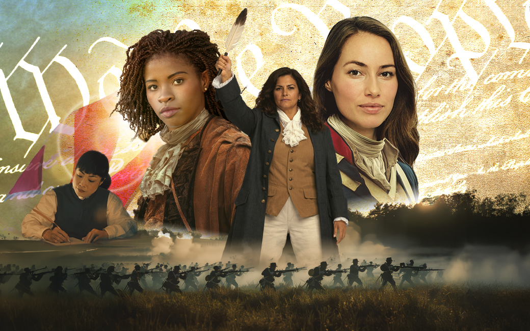 An epic battle scene below with four female figures above in 1770s mens coat, waistcoat, and breeches