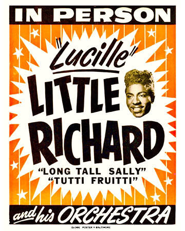 Historic 1950s Little Richard concert poster. Text: In Person: "Lucille" Little Richard. "Long Tall Sally." "Tutti Fruitti." And his orchestra.