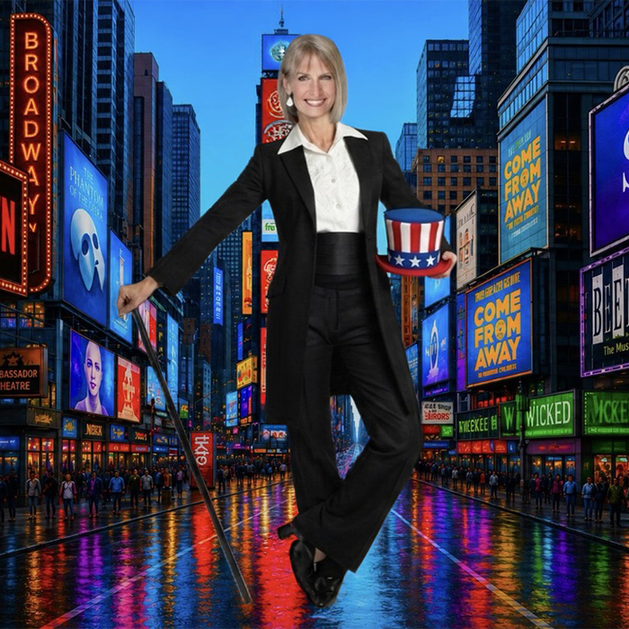 Carolyn Black-Sotir in front of a candy-colored Broadway backdrop