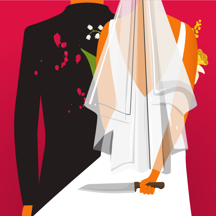 A bride, with a knife behind her back, and a groom waiting for her