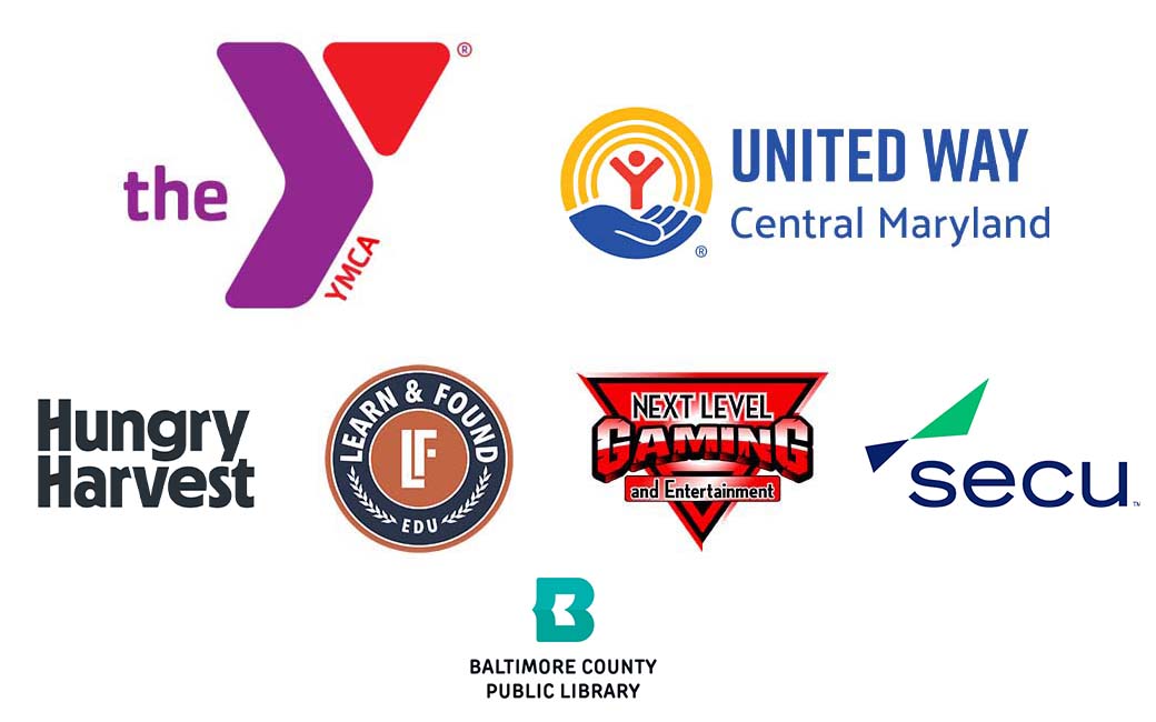 sponsor logos Y of Maryland, United Way of Central MD, Learn and Found, and Next Level Gaming logos