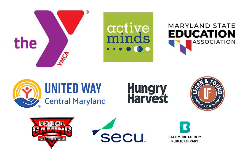sponsor logos Y of Maryland, United Way of Central MD, Learn and Found, and Next Level Gaming logos
