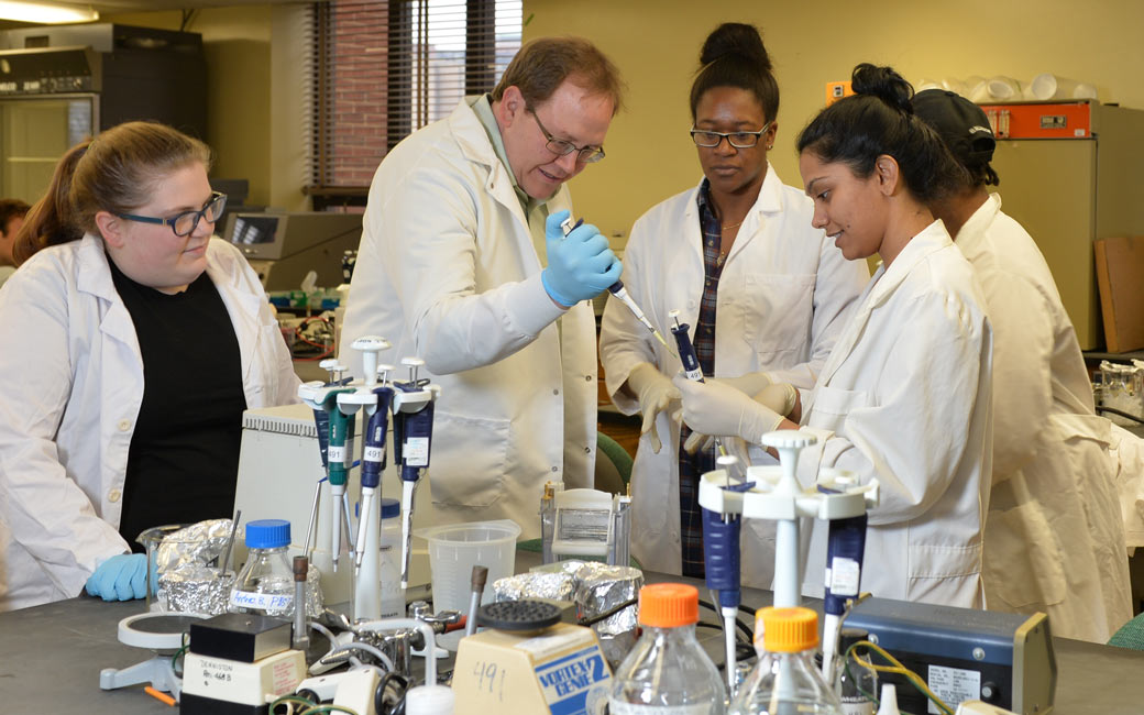 Fisher College associate professor Matthew Hemm, one of the lead investigators on the grant, in his lab.