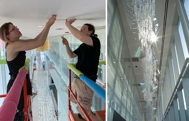 Jenn Figg and Matthew McCormack during the installation of “Light Pressure” and the finished work.