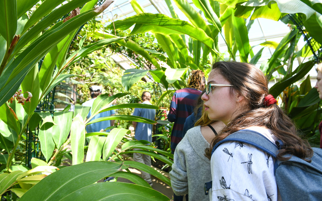 Honors student walking through Rawlings Conservatory