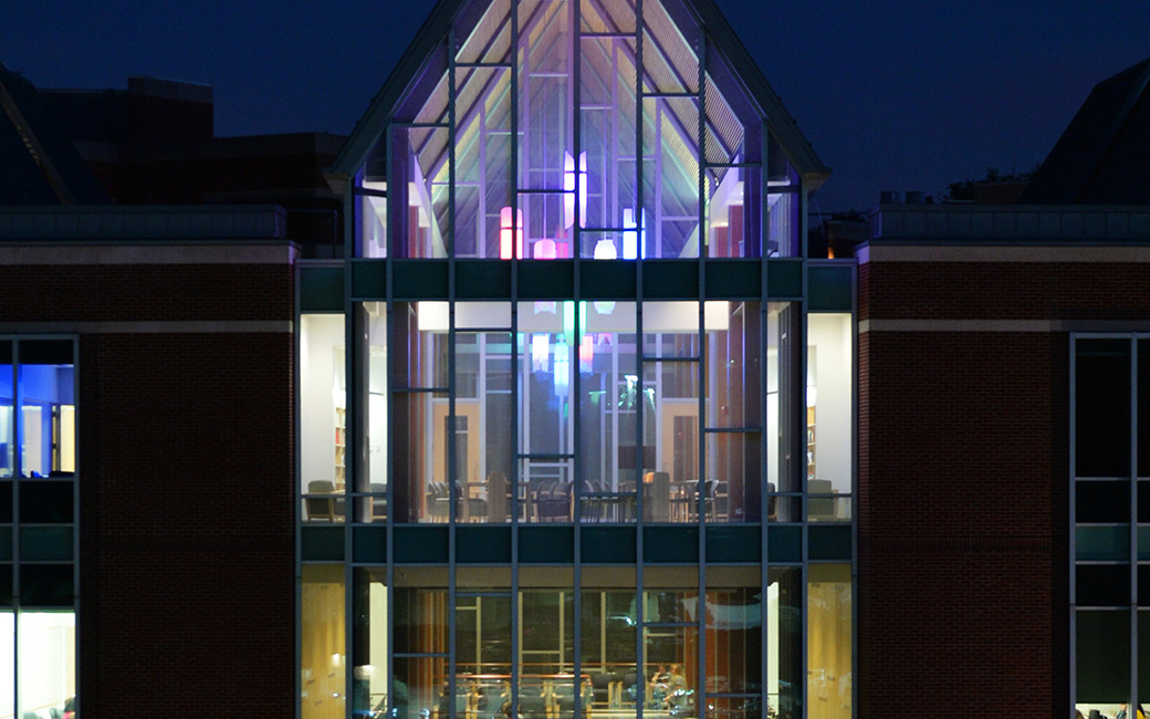 The College of Liberal Arts building at night.
