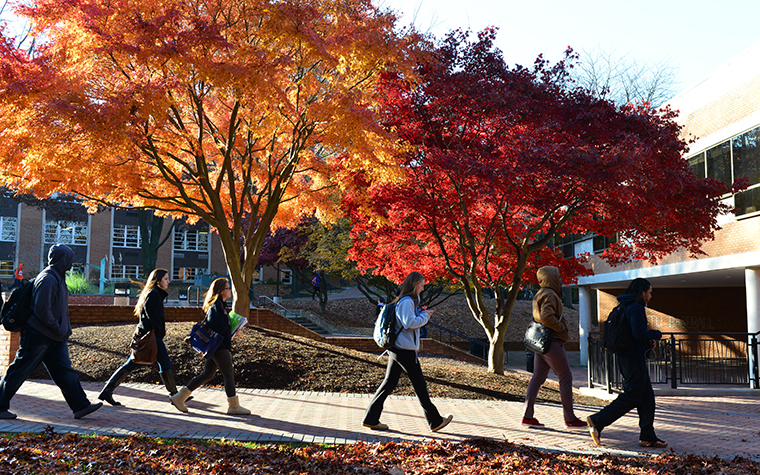 students walking across campus in the fall
