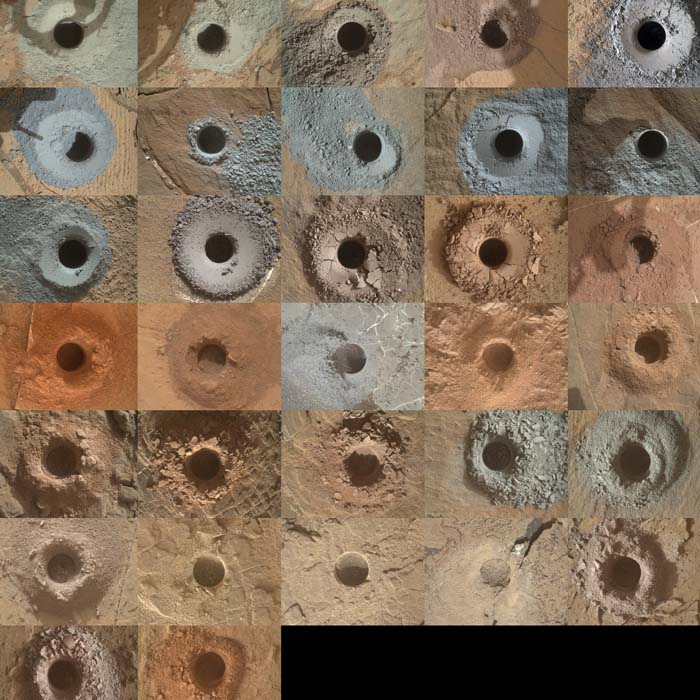 Compilation of drill holes made by Perseverance on Mars