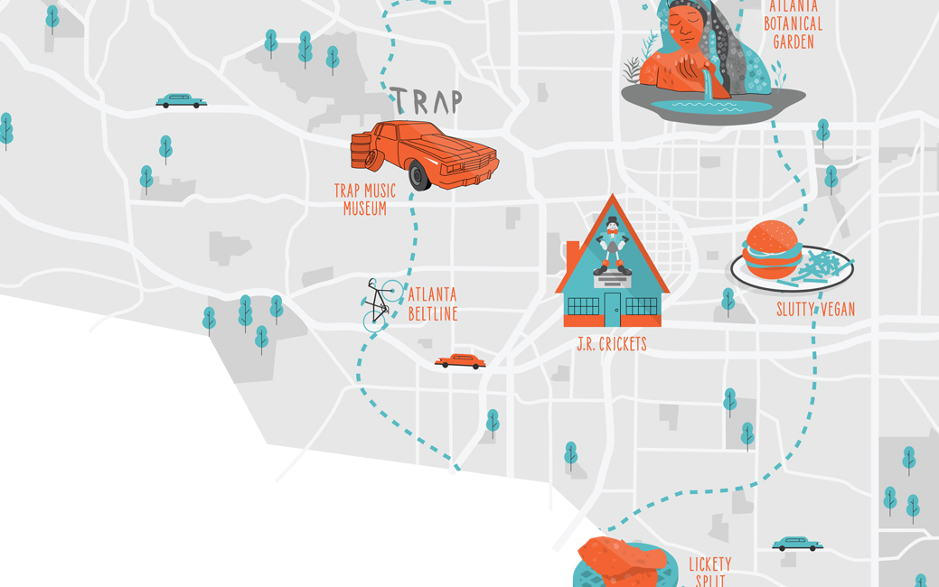 illustrated map of Atlanta showing restaurants, museums and other sites of interest