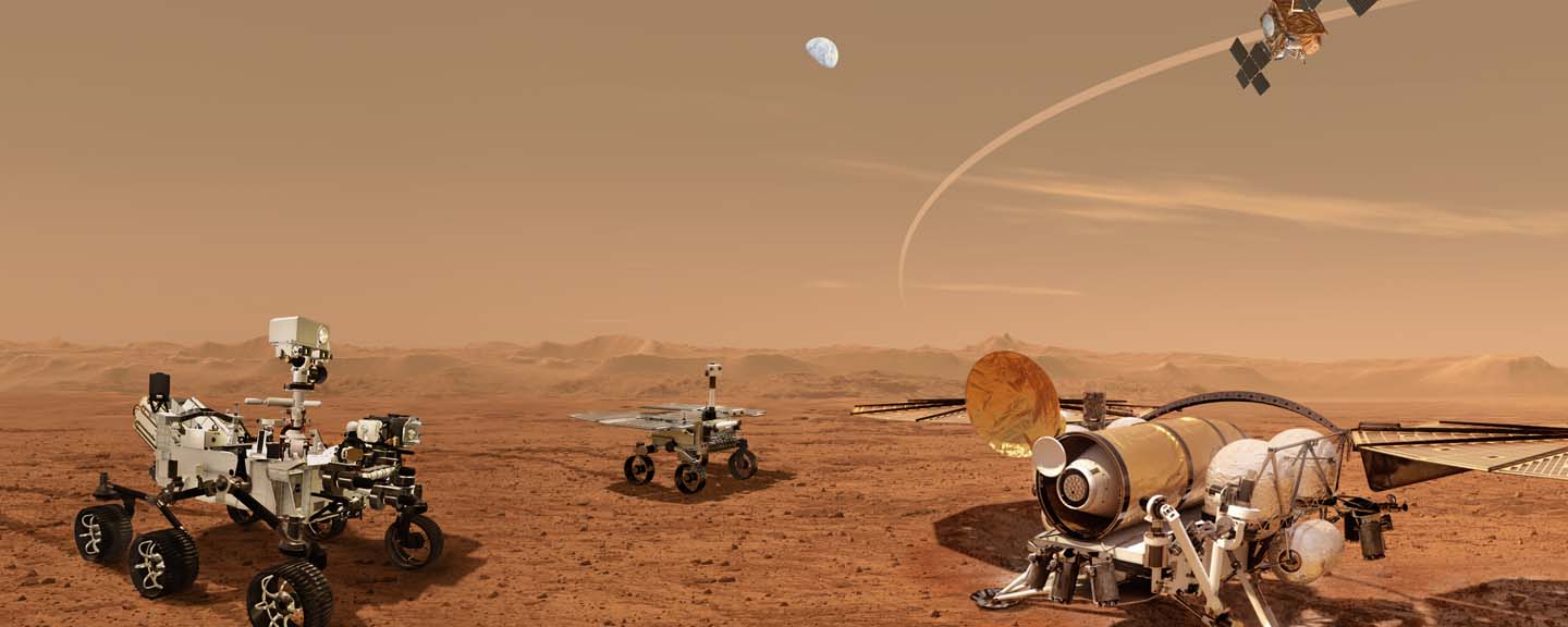 four NASA rovers on the surface of Mars