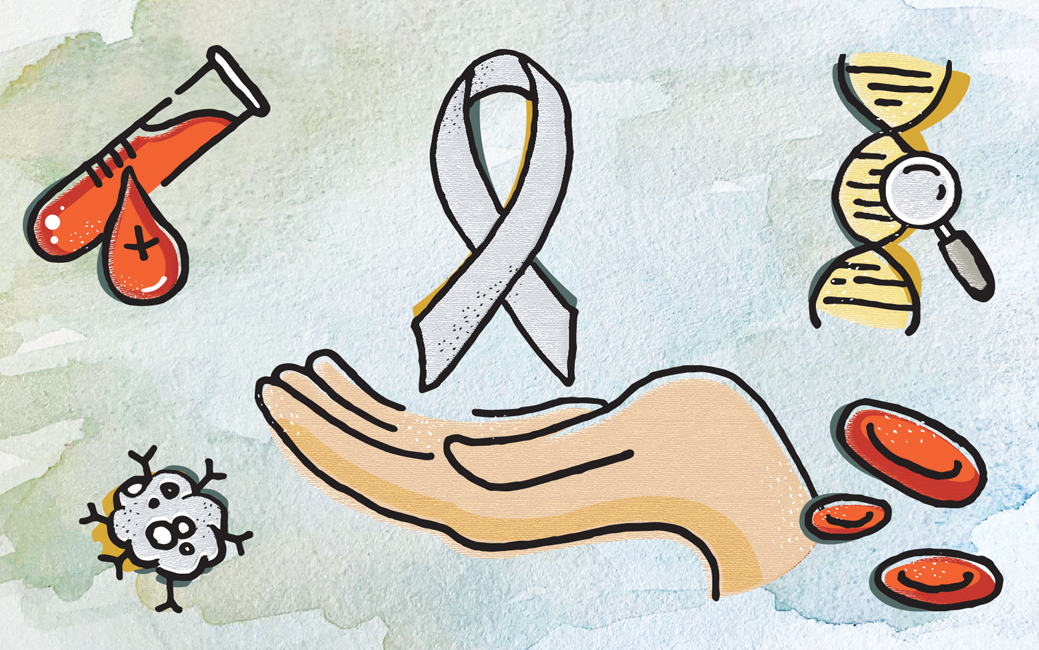 Ilustration of a hand with ribbon above and medical images