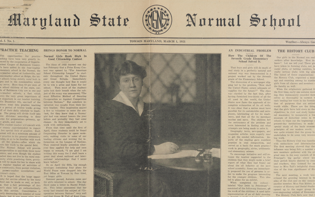 Photo of an old newspaper called Maryland State Normal School