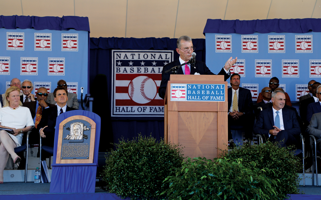 John Schuerholz speaking at his Hall of Fame induction ceremony