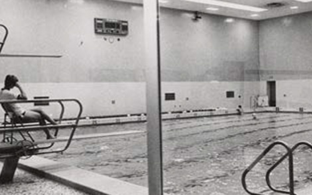 Black and white photo of the interior of Burdick Pool