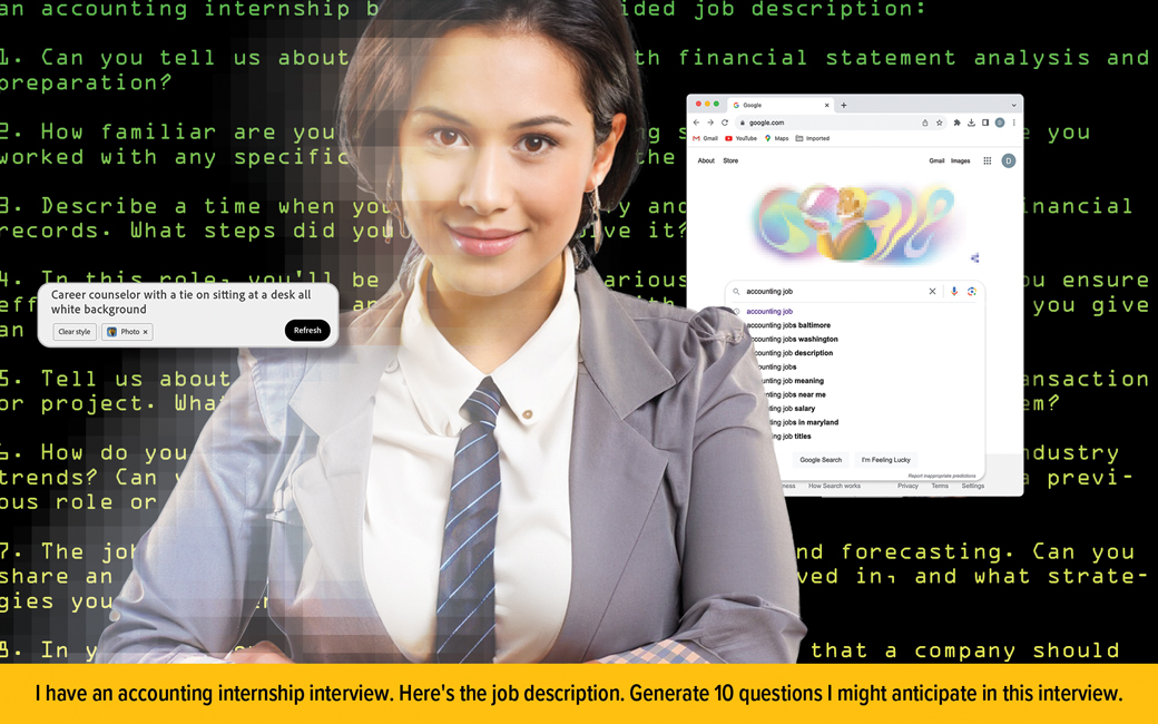 image of a person smiling in front of a background of text